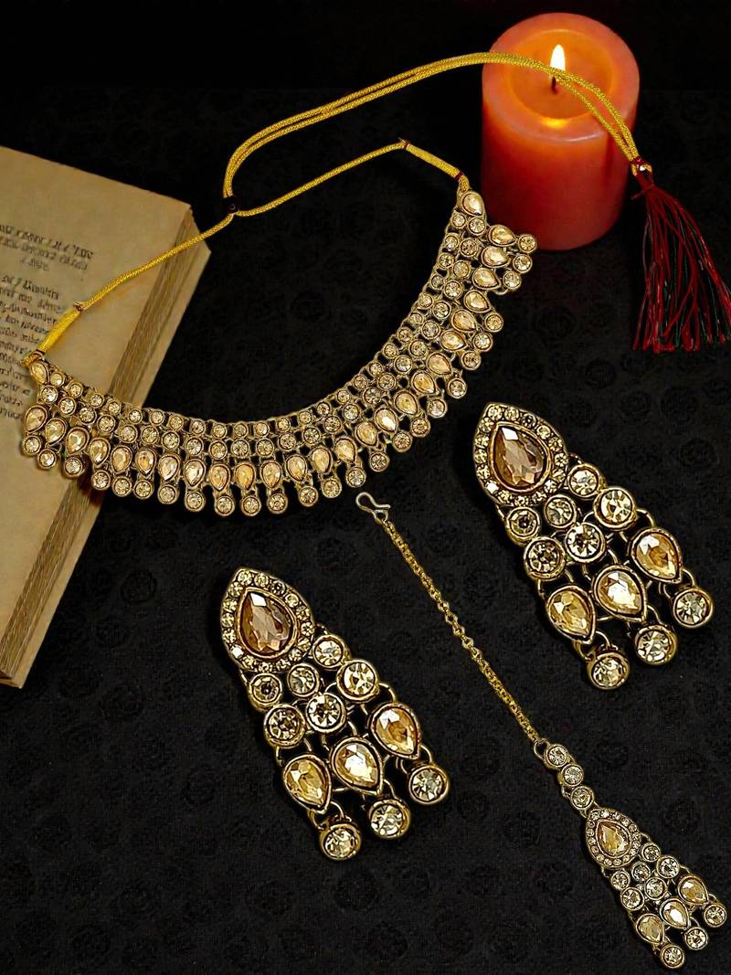 Antique gold plated champagne stone necklace maang tikka set