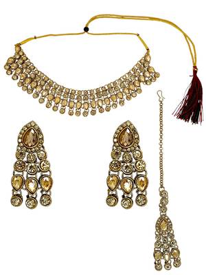 Antique gold plated champagne stone necklace maang tikka set 2