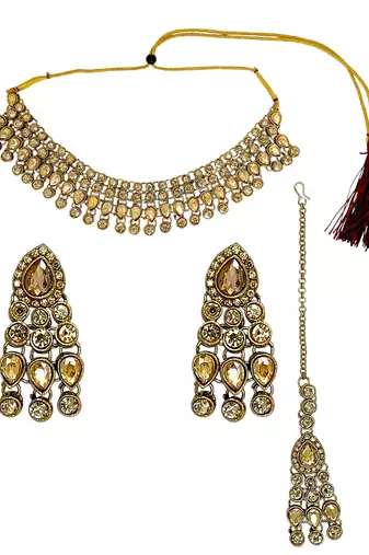 Antique gold plated champagne stone necklace maang tikka set