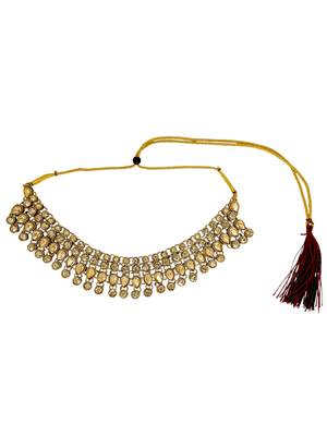 Antique gold plated champagne stone necklace maang tikka set 3