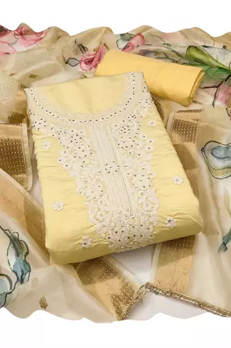 Beige embroidered cotton silk churidar dress-materials