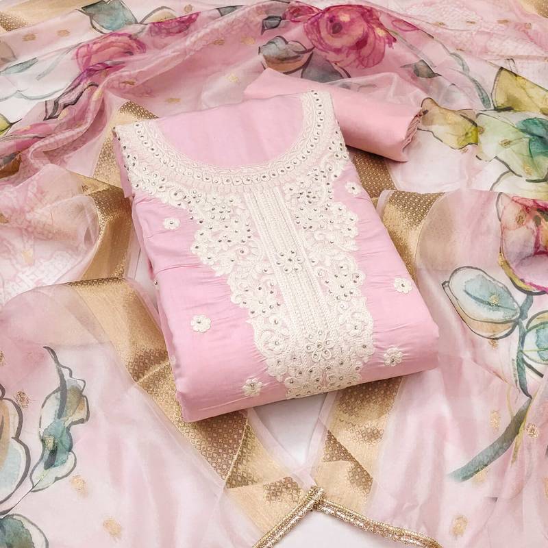 Pink embroidered cotton silk semi stitched churidar dress-materials