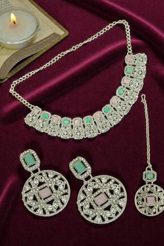 Rhodium plated pastel cz necklace maang tikka set