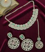 Rhodium plated pastel cz necklace maang tikka set