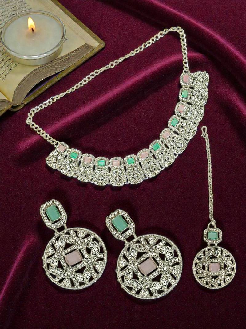 Rhodium plated pastel cz necklace maang tikka set