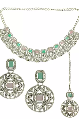 Rhodium plated pastel cz necklace maang tikka set