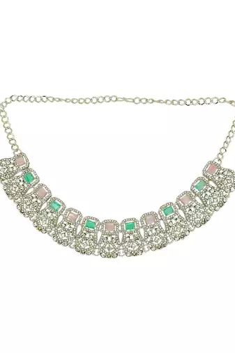 Rhodium plated pastel cz necklace maang tikka set