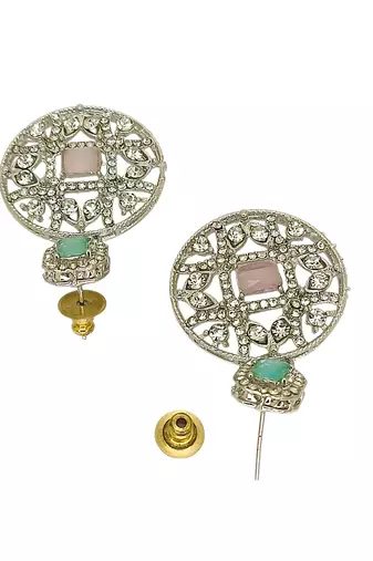 Rhodium plated pastel cz necklace maang tikka set