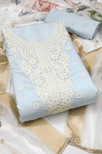 Grey embroidered cotton silk semi stitched churidar dress-materials