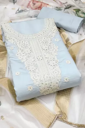 Grey embroidered cotton silk semi stitched churidar dress-materials