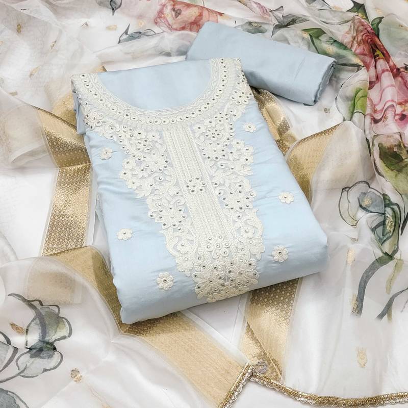 Grey embroidered cotton silk semi stitched churidar dress-materials