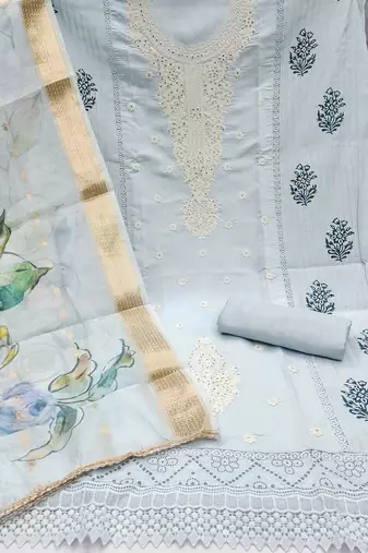 Grey embroidered cotton silk churidar dress-materials