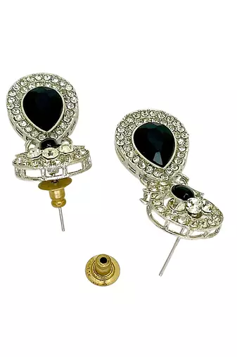 Rhodium plated black teardrop cubic zircon necklace maang tikka set