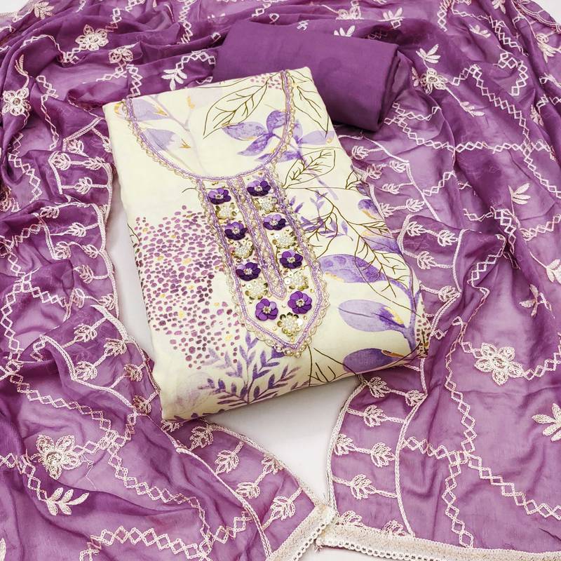 Multicolor hand embroidery cotton semi stitched churidar dress-materials