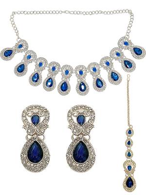 Rhodium plated blue teardrop cubic zircon necklace maang tikka set 2