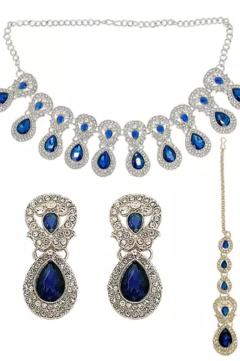 Rhodium plated blue teardrop cubic zircon necklace maang tikka set