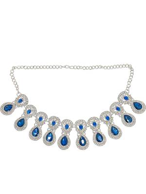 Rhodium plated blue teardrop cubic zircon necklace maang tikka set 3