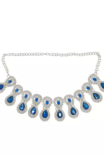 Rhodium plated blue teardrop cubic zircon necklace maang tikka set
