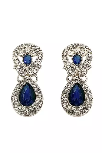 Rhodium plated blue teardrop cubic zircon necklace maang tikka set