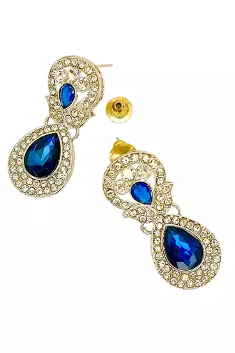 Rhodium plated blue teardrop cubic zircon necklace maang tikka set