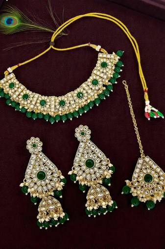 Gold plated green kundan bridal choker set