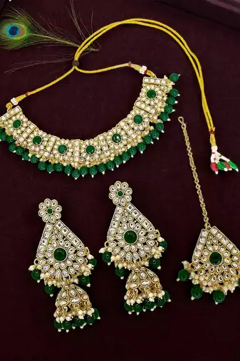 Gold plated green kundan bridal choker set