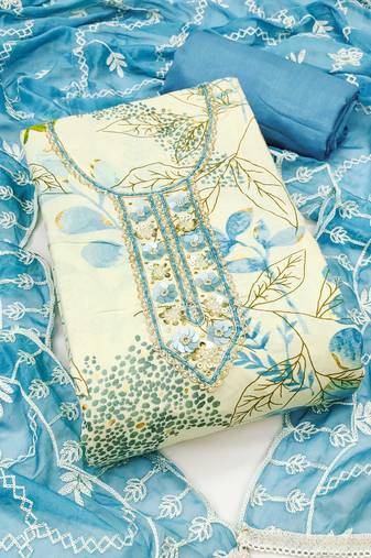 Multicolor hand embroidery cotton semi stitched churidar dress-materials