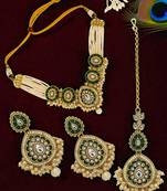 Gold plated green enamel kundan bridal choker maang tikka set