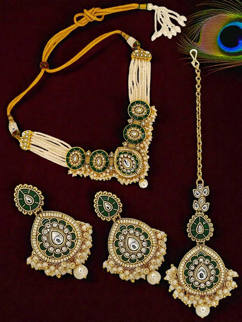Gold plated green enamel kundan bridal choker maang tikka set