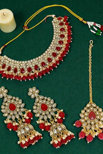 Gold plated kundan red bridal necklace maang tikka set