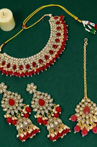 Gold plated kundan red bridal necklace maang tikka set