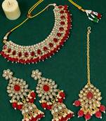 Gold plated kundan red bridal necklace maang tikka set