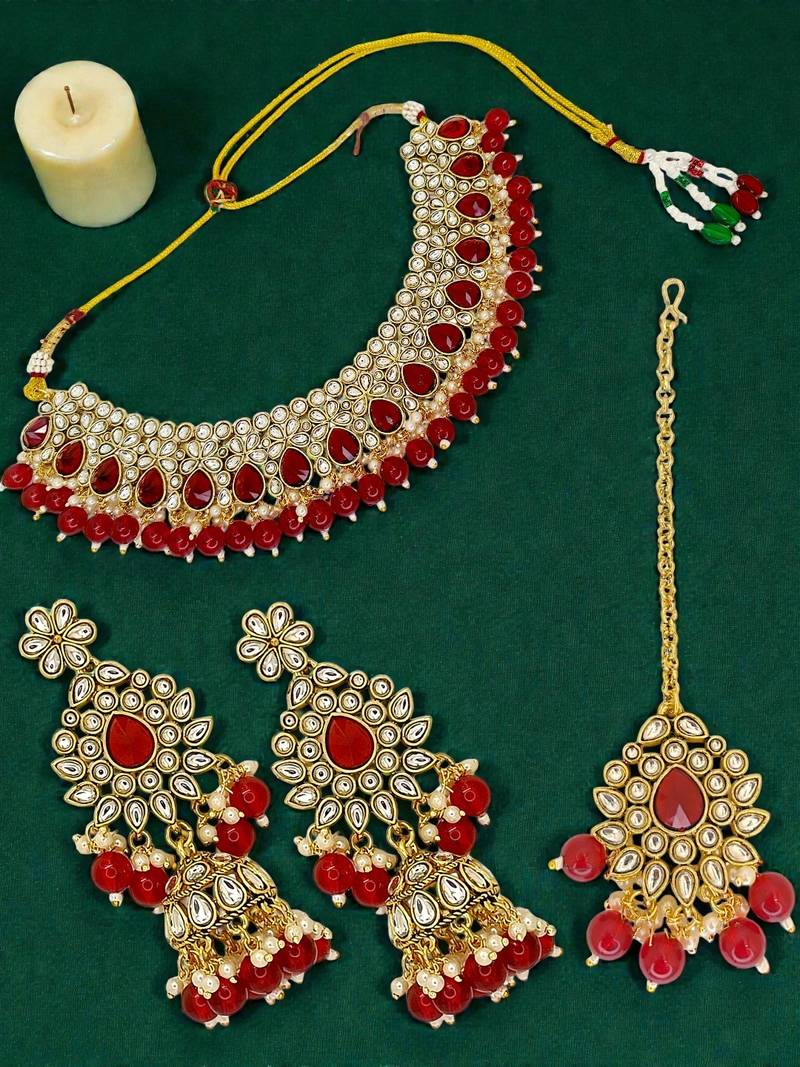 Gold plated kundan red bridal necklace maang tikka set