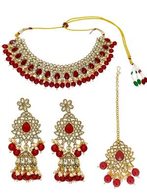 Gold plated kundan red bridal necklace maang tikka set 2