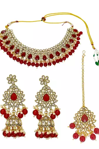 Gold plated kundan red bridal necklace maang tikka set