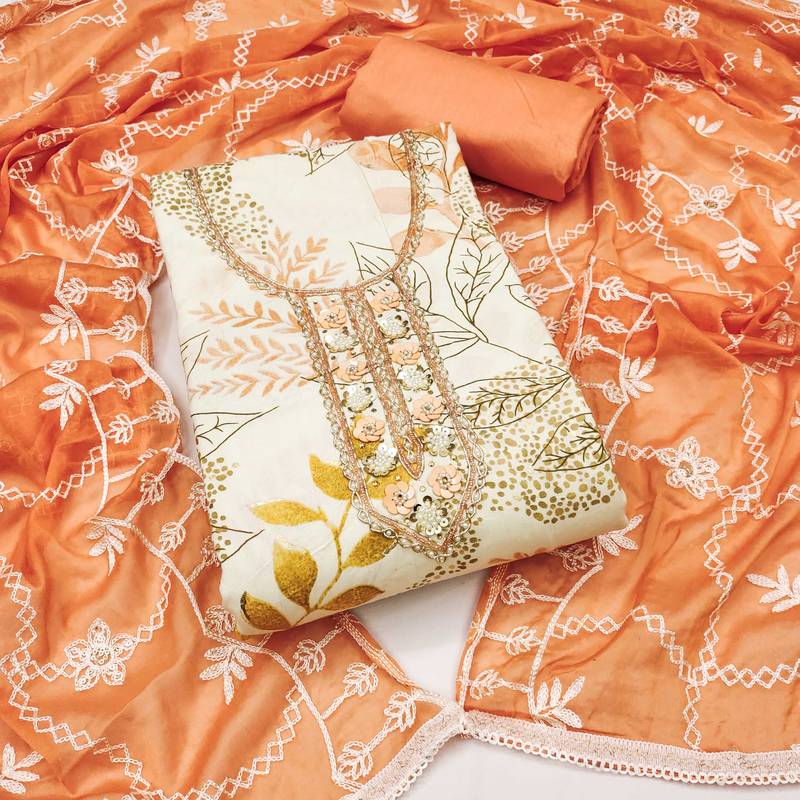 Multicolor hand embroidery cotton semi stitched churidar dress-materials