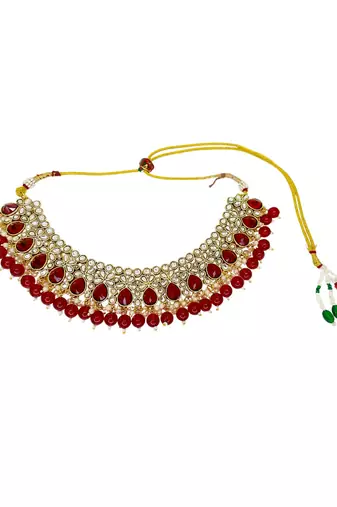 Gold plated kundan red bridal necklace maang tikka set