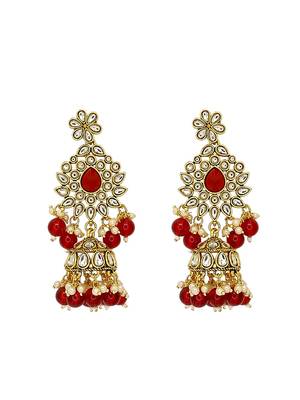 Gold plated kundan red bridal necklace maang tikka set 4
