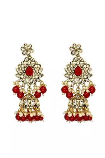 Gold plated kundan red bridal necklace maang tikka set