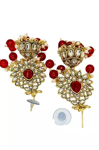 Gold plated kundan red bridal necklace maang tikka set