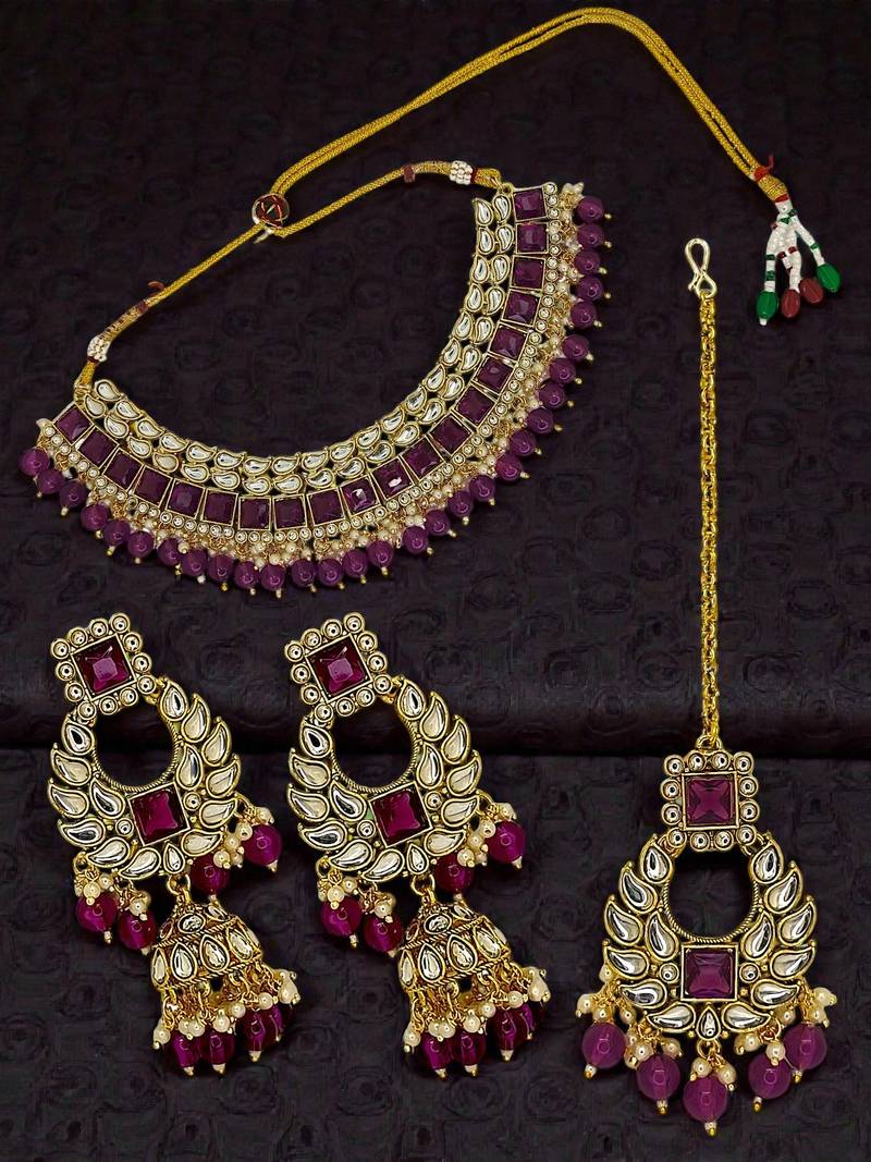Gold plated kundan wine necklace maang tikka set