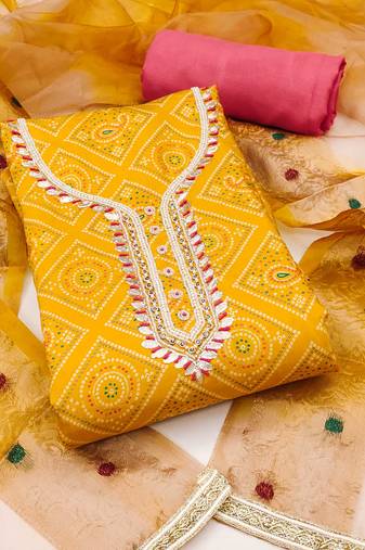 Yellow hand embroidery cotton semi stitched churidar dress-materials