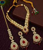 Gold plated kundan maroon double line long  necklace maang tikka set