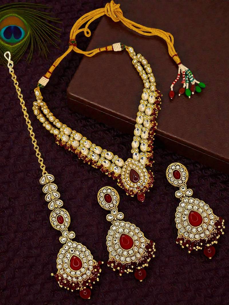 Gold plated kundan maroon double line long  necklace maang tikka set