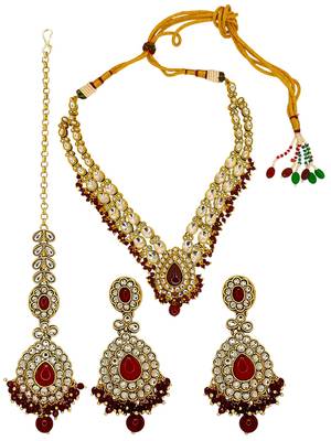 Gold plated kundan maroon double line long  necklace maang tikka set 2