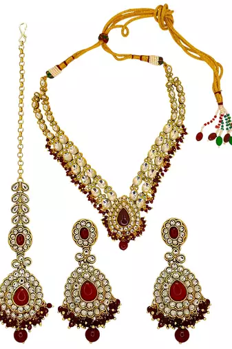 Gold plated kundan maroon double line long  necklace maang tikka set