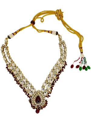 Gold plated kundan maroon double line long  necklace maang tikka set 3