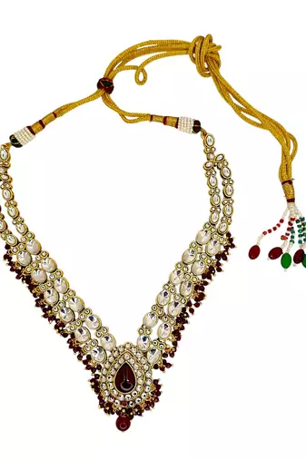 Gold plated kundan maroon double line long  necklace maang tikka set