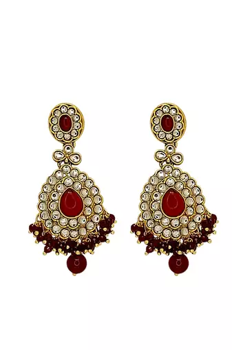 Gold plated kundan maroon double line long  necklace maang tikka set