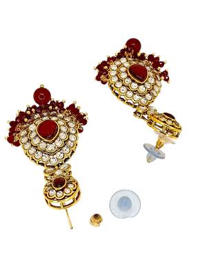 Gold plated kundan maroon double line long  necklace maang tikka set 5